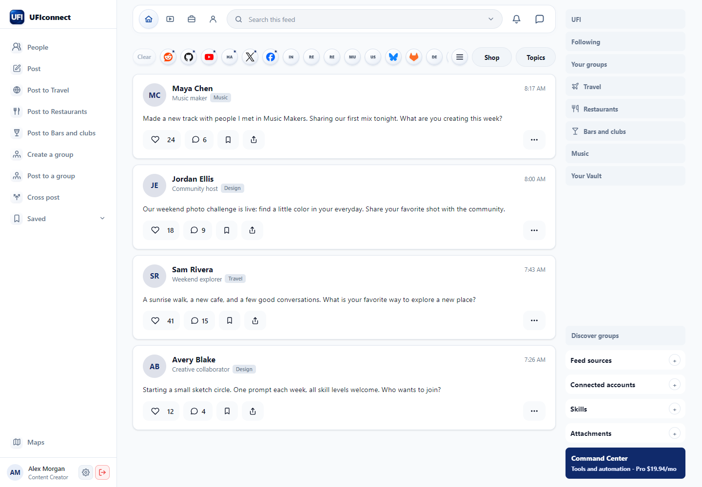 UFIconnect home feed with favorite sources and account tools